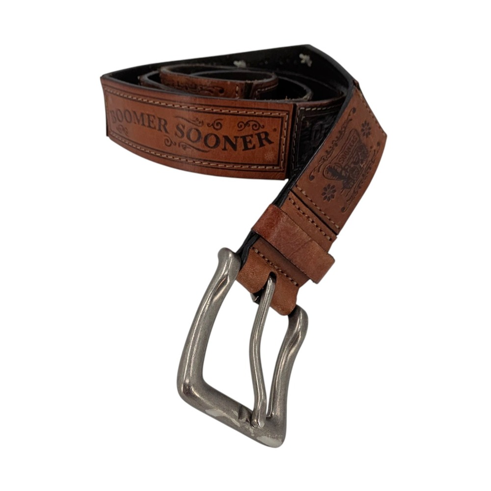 Fossil Oklahoma Sooners Womens L Brown Tooled Leather Boomer Sooner Belt